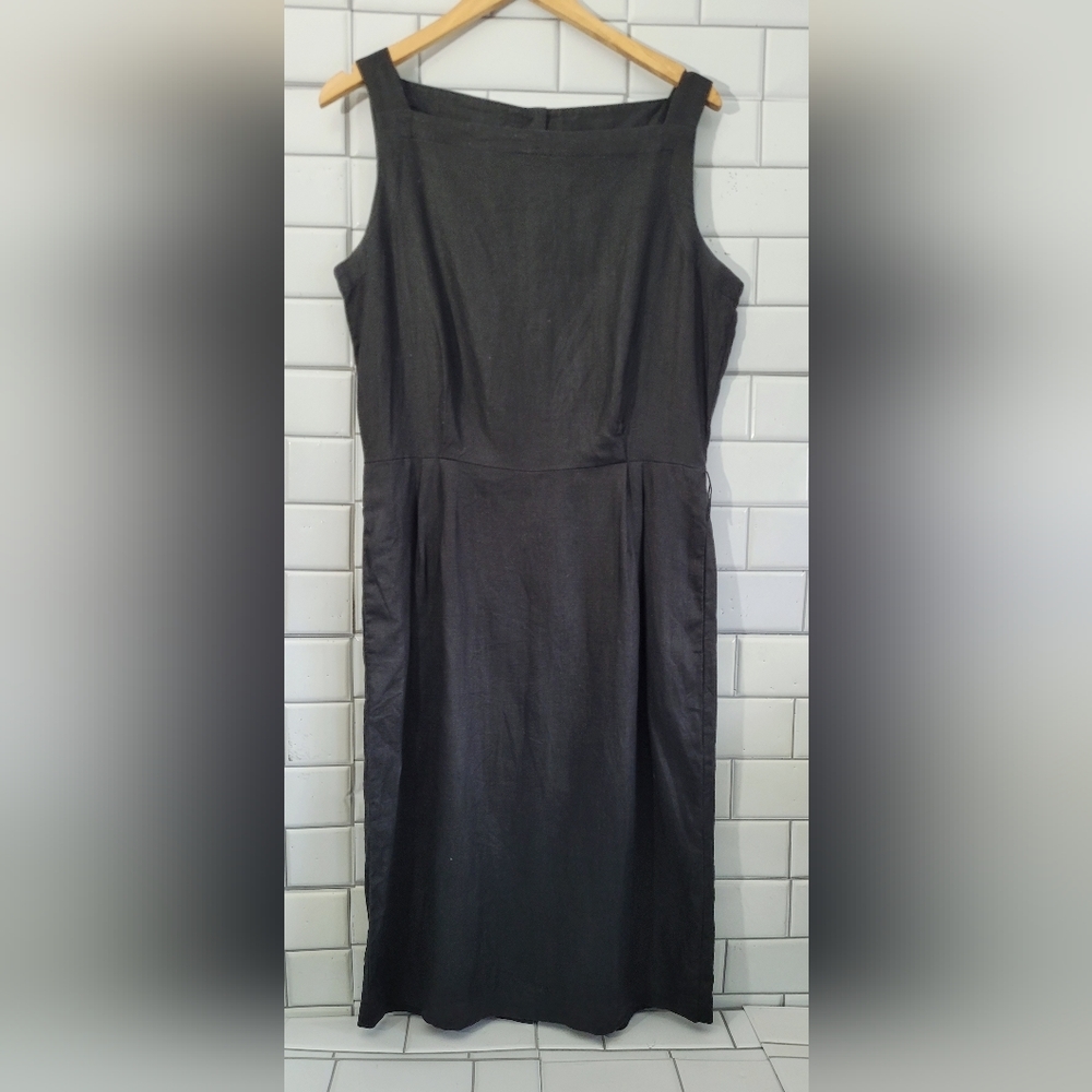 Nordstrom Point Of View Ladies Vintage Black 100% Linen Dress Sleeveless Square